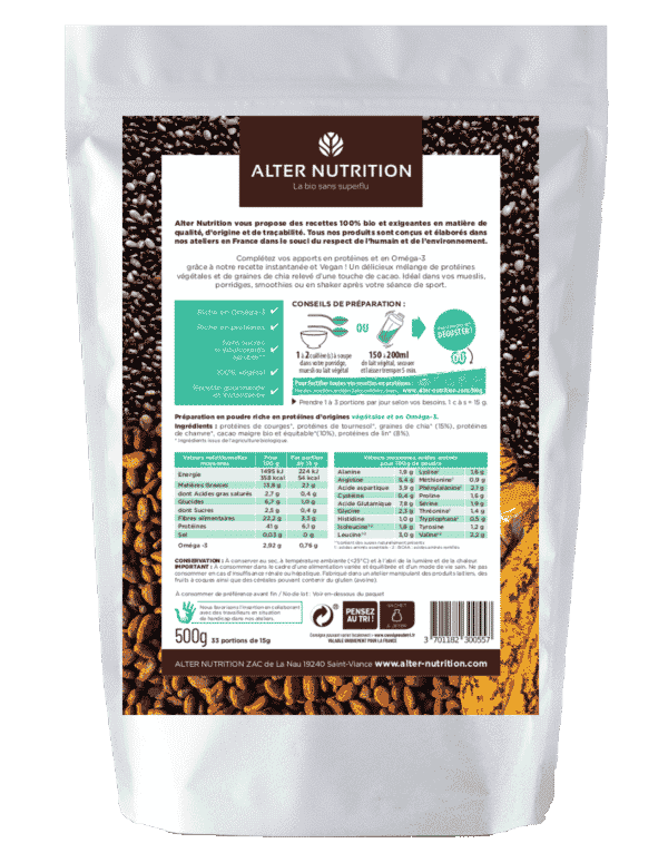 Protéines Mix vegan bio Cacao'méga 3 chia cacao lin image produit