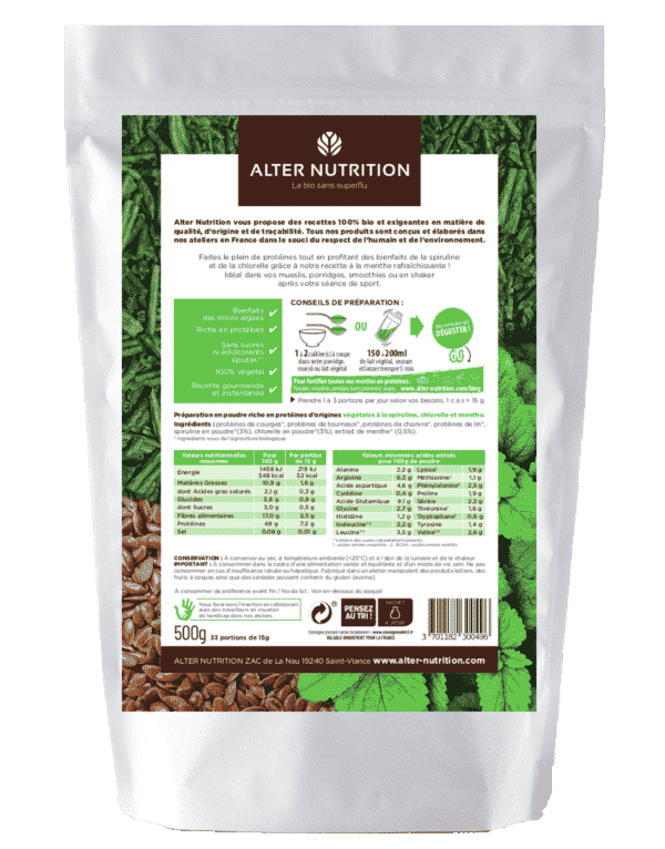 protéine Mix vegan bio Green spiruline chlorelle menthe bio verso