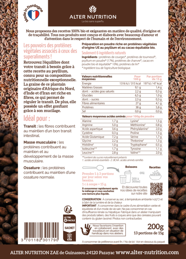 Protéines Végétales Psyllium et Cacao bio