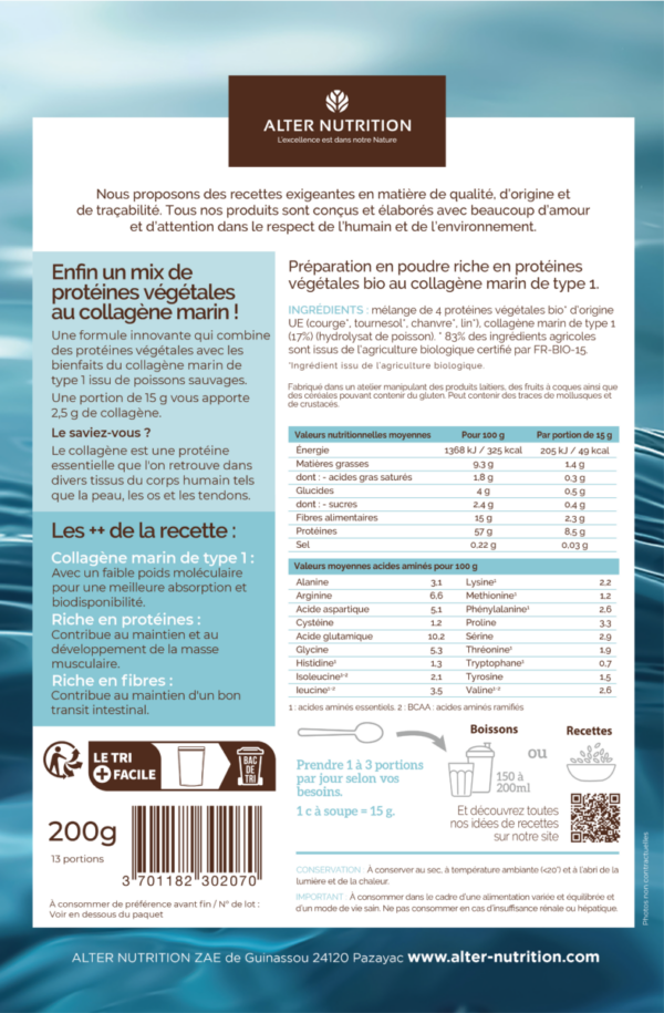 Détail de la composition des protéines végétale au collagene marin